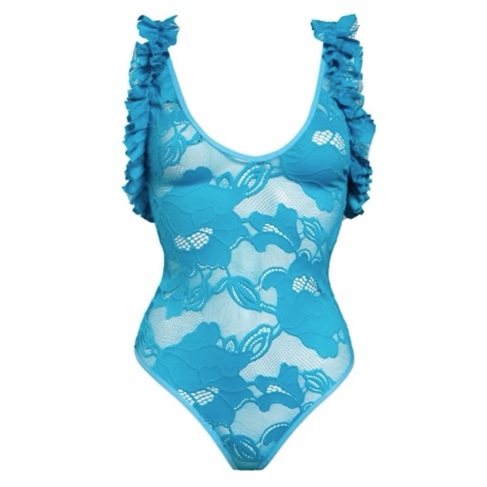 Suzy Black | NWT | “Patina” elastic lace teddy w. ruffle trim